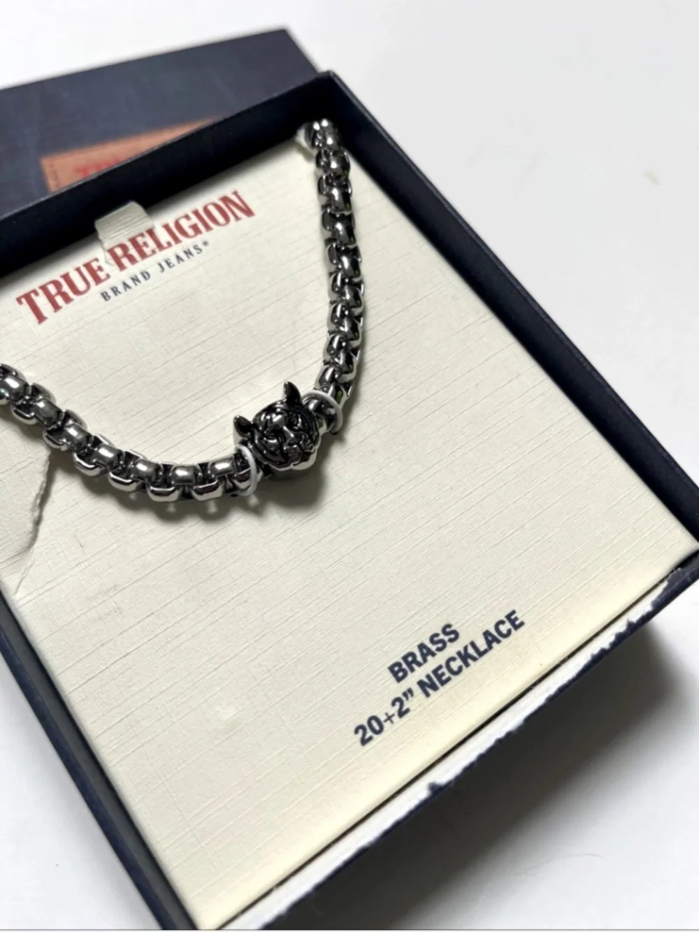 True Religion Men's Tiger Head Brass Necklace Silver Tone 20